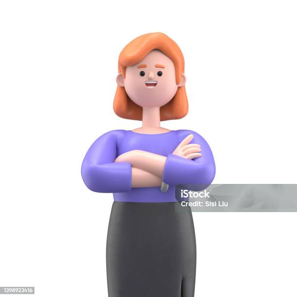 Close Up Portrait Of Smiling Businesswoman Ellen With Arms Crossed 3d Rendering On White Background Stock Photo - Download Image Now