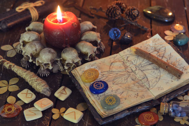 istock Wicca, esoteric and occult still life with vintage magic objects on witch table altar for mystic rituals and fortune telling. Halloween and gothic concept 1398923465