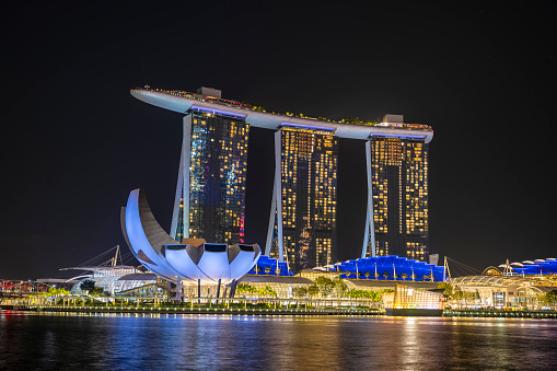Singapore city, Singapore - february 29, 2020 : Marina Bay Sands hotel is an integrated resort fronting Marina Bay at night view in Singapore