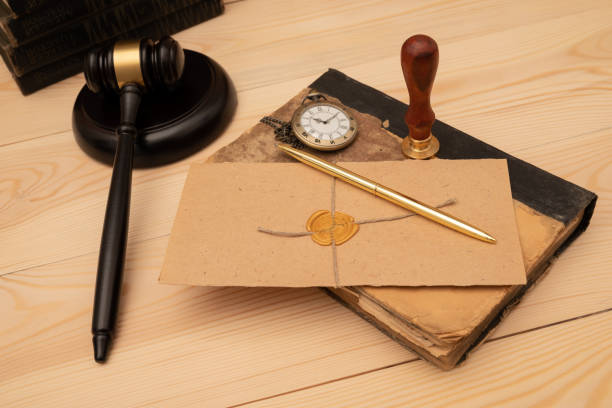 istock Vintage stamp, envelope and testament. Notary public tools 1398924124