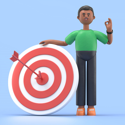 3D illustration of smiling african american man David standing next to a huge target with a dart in the center, arrow in bullseye. Cute cartoon businessman with ok gesture reaching goals. Objective attainment concept.