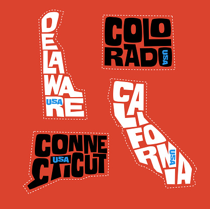 Delaware, Colorado, Connecticut, California state names distorted into state outlines. Pop art style vector illustration for stickers, t-shirts, posters and social media.