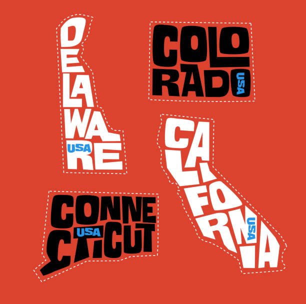 Delaware, Colorado, Connecticut, California sticker designs. Delaware, Colorado, Connecticut, California state names distorted into state outlines. Pop art style vector illustration for stickers, t-shirts, posters and social media. colorado illustrations stock illustrations