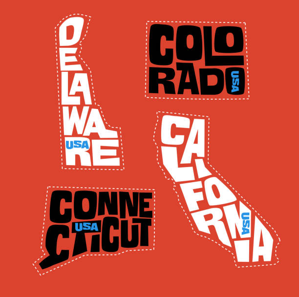 Delaware, Colorado, Connecticut, California sticker designs. Delaware, Colorado, Connecticut, California state names distorted into state outlines. Pop art style vector illustration for stickers, t-shirts, posters and social media. famous american landmark drawing stock illustrations