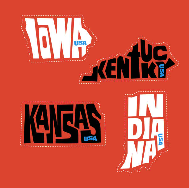 Iowa, Kentucky, Kansas, Indiana sticker designs. Iowa, Kentucky, Kansas, Indiana state names distorted into state outlines. Pop art style vector illustration for stickers, t-shirts, posters and social media. iowa stock illustrations
