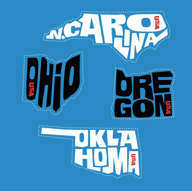 North Carolina, Ohio, Oregon, Oklahoma state names distorted into state outlines. Pop art style vector illustration for stickers, t-shirts, posters and social media.