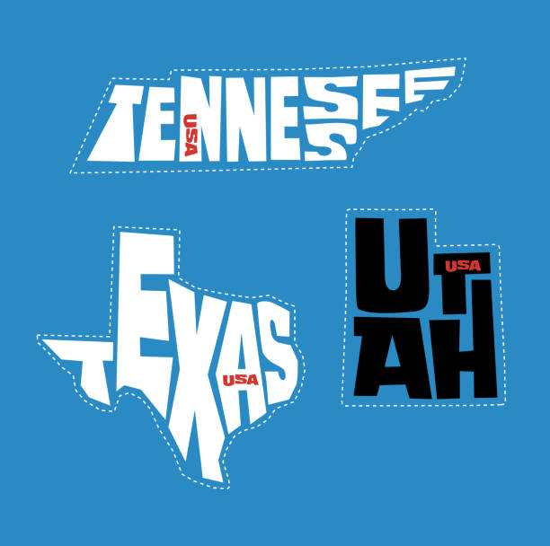 Tennessee, Texas, and Utah sticker designs. Tennessee, Texas, and Utah state names distorted into state outlines. Pop art style vector illustration for stickers, t-shirts, posters and social media. distorted font stock illustrations