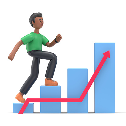 3D illustration of smiling african american man David goes to success.  Concept of financial growth. Dashboard with the analysis of finance.3D rendering on white background.