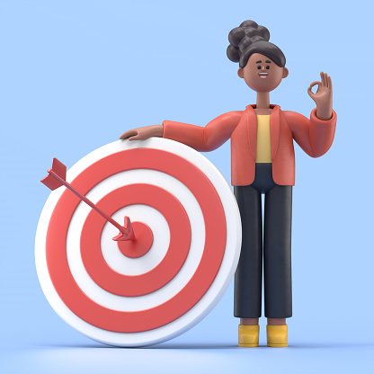 3D illustration of smiling african american woman Coco standing next to a huge target with a dart in the center, arrow in bullseye. Cute cartoon businessman with ok gesture reaching goals. Objective attainment concept.