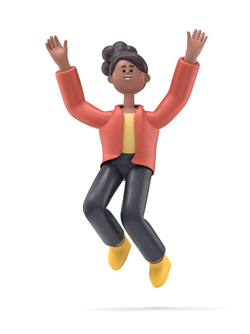 3D illustration of smiling african american woman Coco jumping celebrating success. Cartoon winning businessman with his hands in the air,3D rendering on white background.