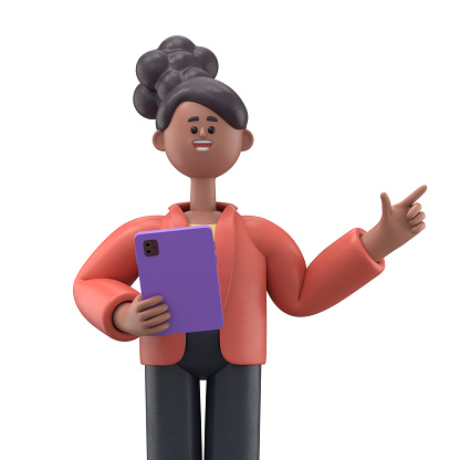 3D illustration of smiling african american woman Coco holding tablet and pointing finger at direction. Cute cartoon smiling attractive businessman using social networking and working in office application.