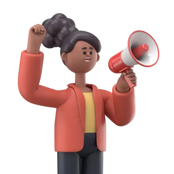Photo of 3D illustration of smiling african american woman Coco holding a speaker. Cute smiling businessman announcing over the loudspeaker by raising his hand, isolated on white background. Business advertising concept.