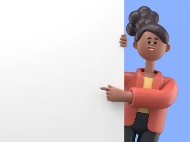 Photo of 3D illustration of smiling african american woman Coco pointing finger at blank presentation or information board. Close up portrait of cute cartoon smiling businessman with advertising placard.