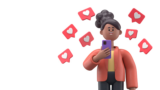 3D illustration of smiling african american woman Coco hold smartphone with like notifications flying around over white background. 3D rendering on white background.