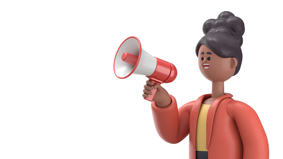 Ilustración en 3D de la sonriente mujer afroamericana Coco haciendo anuncio con altavoz de megáfono.3D representación sobre fondo blanco. photo