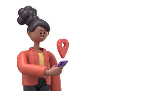 3D illustration of smiling african american woman Coco use smartphone with red map pointer over white background with copy space. 3D rendering on white background.