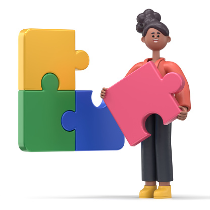 3D illustration of smiling african american woman Coco holding puzzle piece, cartoon character thinking, trying resolve the problem.  3D rendering on white background.