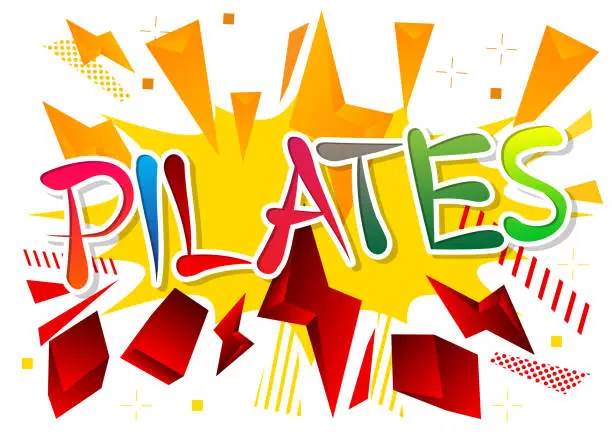 Vector illustration of Pilates. Word written with Children's font.
