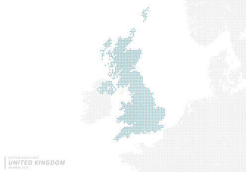 A blue dot map centered on the United Kingdom.