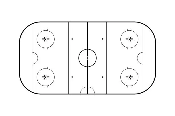 Vector illustration of Hockey rink top view thin line, game strategy sport plan. Hockey field template playground in black and white color, tactic play on frozen sporty stadium, vector illustration