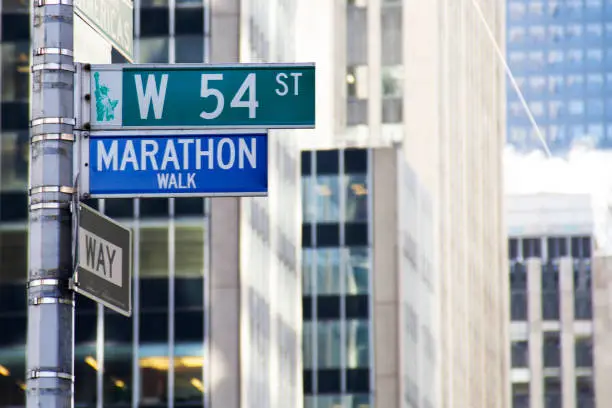 Photo of Marathon Walk street sign in New York City, located at the corner of West 54th St. and 6th Avenue in Manhattan. copy space. selective focus.