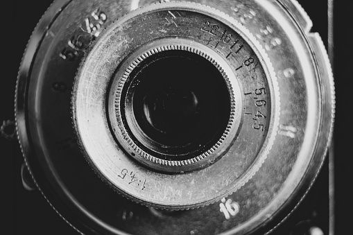 Retro film camera and lens close-up, technology, camera lens
