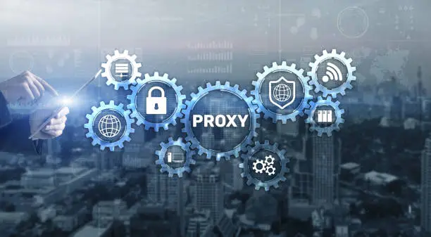 Proxy. Network administrator access the proxy server. Technology concept.