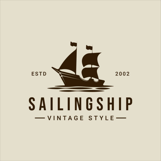 ilustrações, clipart, desenhos animados e ícones de logotipo do veleiro vintage vector ilustração modelo ícone design gráfico. sinal de barco marítimo retrô ou símbolo para imprimir t-shirt conceito negócios de viagem - mastro