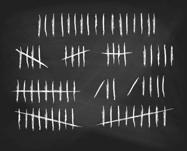 ilustrações de stock, clip art, desenhos animados e ícones de tally marks set on school black chalkboard. collection of white hash marks signs of prison wall, jail or desert island lost day tally numbers counting. vector chalk drawn sticks lines counter - strike