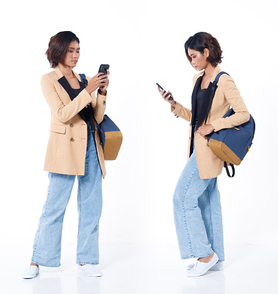 Collage Full length of Asian Indian 20s working woman with curl hair hold cell smart phone, backpack, blazzer and jean pants. Female stand work internet communicate over white background isolated
