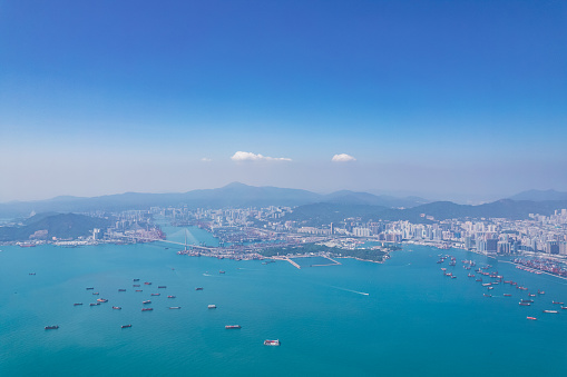 Beautiful aerial view of Tsing Yi and West of Kowloon, Hong Kong, daytime