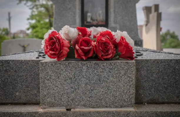 Photo of Plastic rose flowers on tomb in cemetery