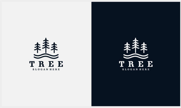 illustrations, cliparts, dessins animés et icônes de pin simple, à feuilles persistantes avec modèle de logo de symbole de rivière avec style d’art au trait - spruce tree