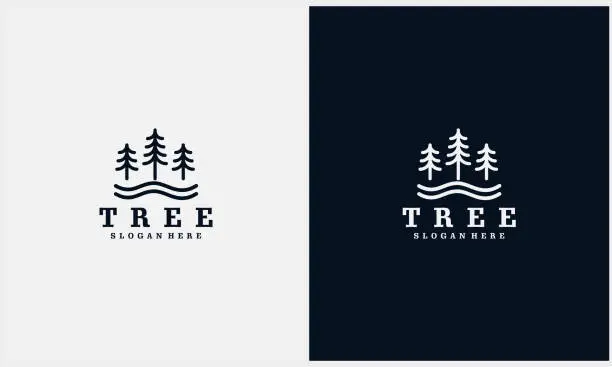 Vector illustration of simple pine tree, evergreen with river symbol logo template with line art style