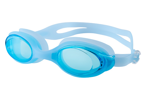 cyan goggles for swimming, with a silicone strap, on a white background, isolate