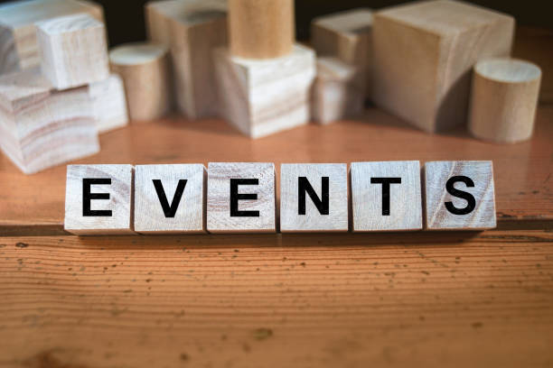 Events Word Written In Wooden Cube stock photo