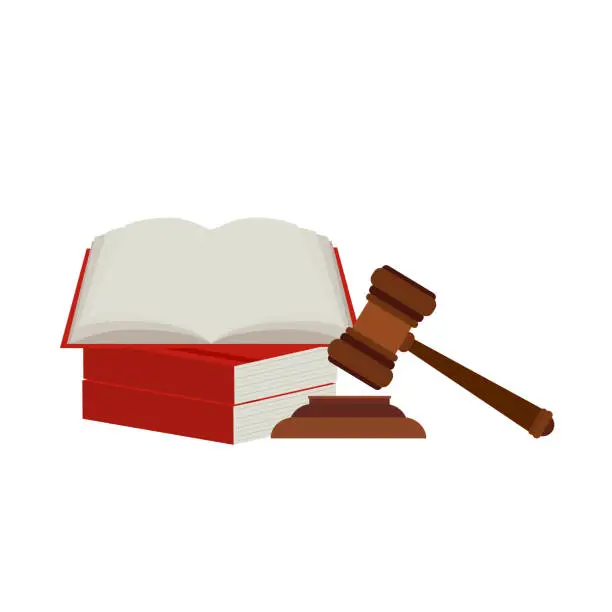 Vector illustration of Justice scale, judge's hammer, law book, concept of court judgment to demand justice and punishment.