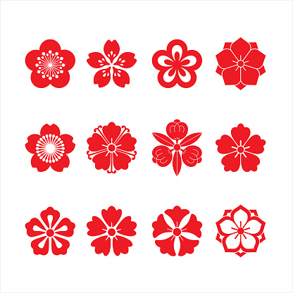 Cherry blossom icons, sakura icons, japanese flower, set of 12