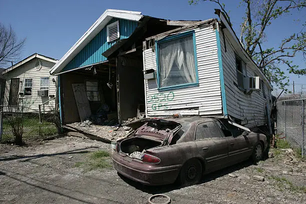 A heavily damaged home in the Ninth Ward of New Orleans.