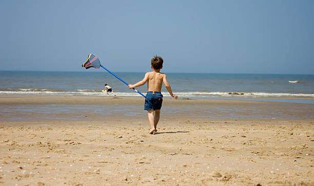 Sweet boy walking on the beach stock photo