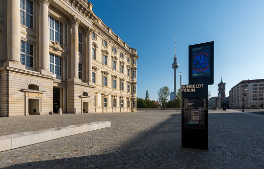 April 25. 2022, Berlin, Germany, Berliner Stadtschloss. Reconstruction of the Berlin Palace which houses the Humboldt Forum museum. Berlin TV tower and the red city hall in the background.