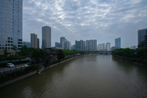 Early morning cloudy weather Chengdu riverside city skyline