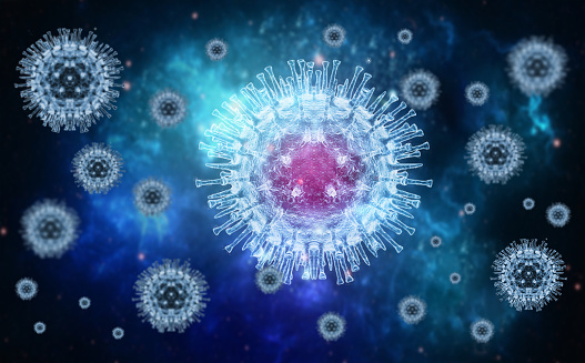 Virus de la viruela del mono, fondo del virus 3D, molécula del virus de la viruela del mono sobre fondo azul, fondo médico con moléculas de virus photo