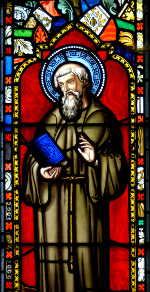 A stained glass window in the chapel on the Farne Islands, UK, depicting Saint Cuthbert.