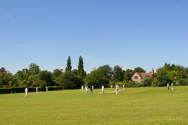 cricket sul villaggio verde (con spazio per il testo - sport of cricket village cricket player english culture foto e immagini stock
