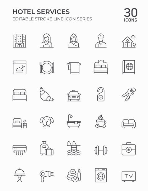 Hotel Services Editable Stroke Line Icons Hotel Services Icon Set. 32x32 Pixel width, Editable Stroke Thin Line Illustrations. guest bedroom stock illustrations