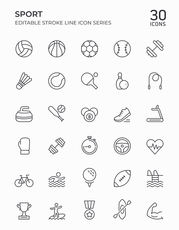 Sport Icon Set. 32x32 Pixel width, Editable Stroke Thin Line Illustrations.