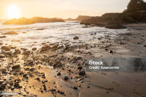 Warm Sunset Over Receding Tide Of The Pacific Ocean Stock Photo - Download Image Now