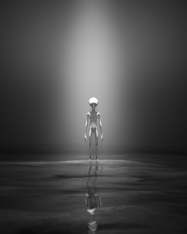 Grey Slender Alien in a Beam of Light Creepy Dark Paranormal Roswell UFO Halloween Martian Horror black and white 3d illustration render