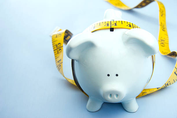 свинья-копилка с измерение ленты - budget savings home finances too small стоковые фото и изображения